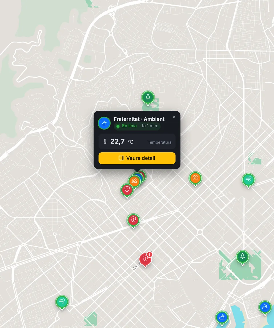 Mapa en directe de SENSE amb nodes sobre Barcelona i la fitxa d'un node ambiental obert
