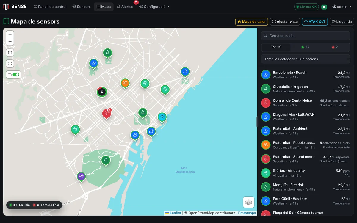 Mapa de sensors — Tots els nodes sobre el mapa, amb estat, categoria i cerca; es pot incrustar a la teva web.