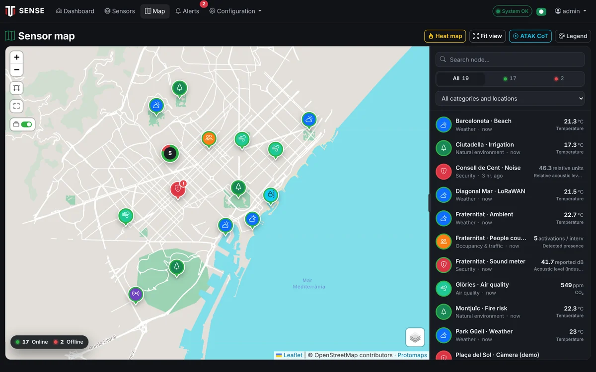 Sensor map — Every node on the map, with status, category and search; embeddable in your website.