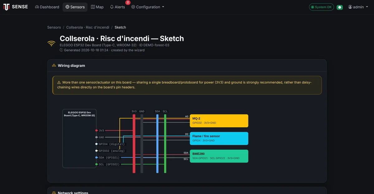 Wiring diagram — The wizard generates the node's wiring diagram with its sensors, ready to build.