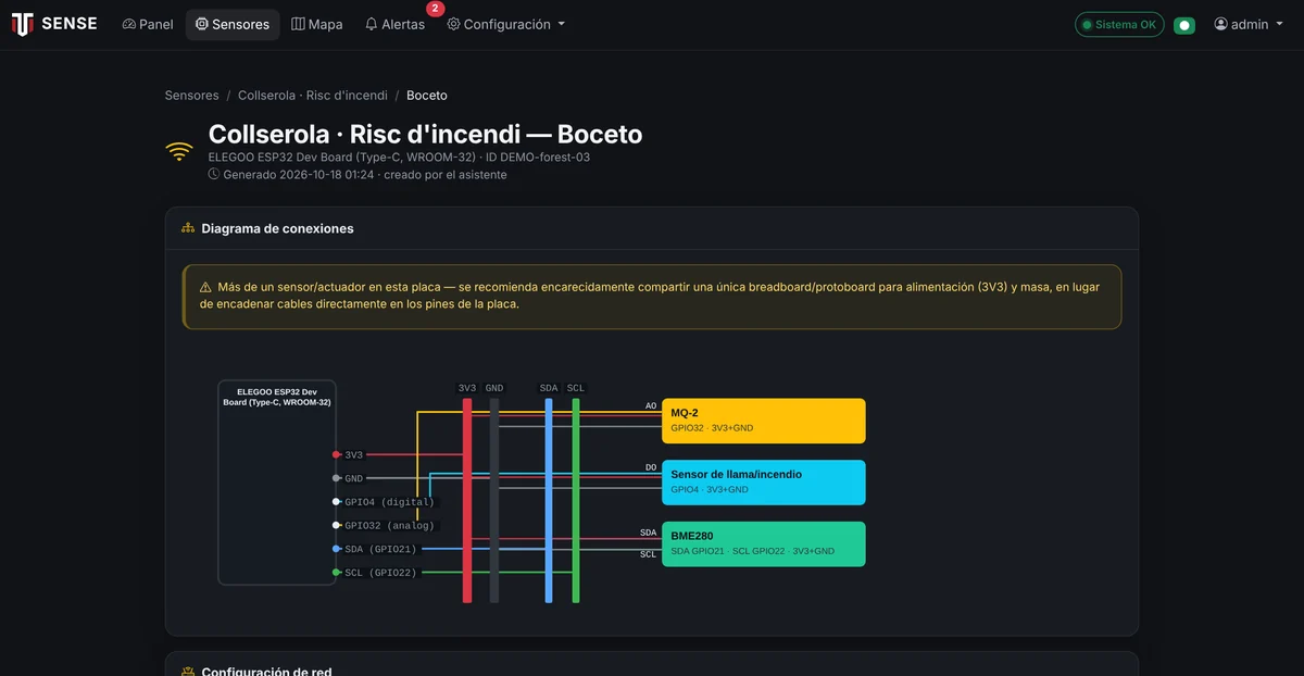 Esquema de conexiones — El asistente genera el diagrama de cableado del nodo con sus sensores, listo para montar.
