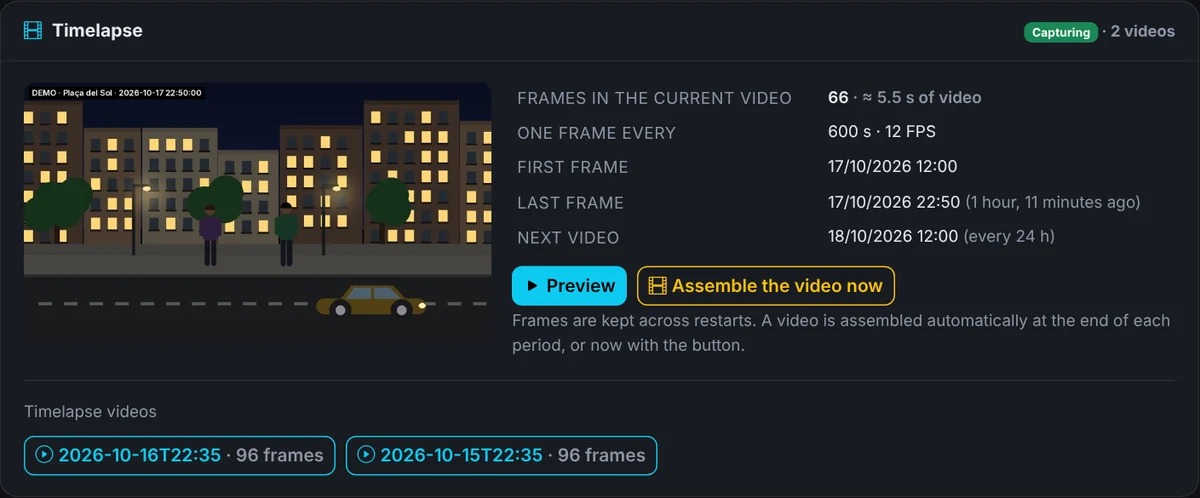 Timelapse — A frame every few minutes becomes a day-long video, assembled automatically.