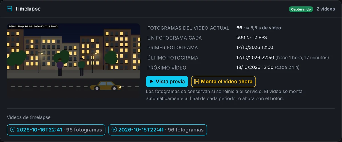 Timelapse — Un fotograma cada pocos minutos se convierte en un vídeo del día, montado automáticamente.