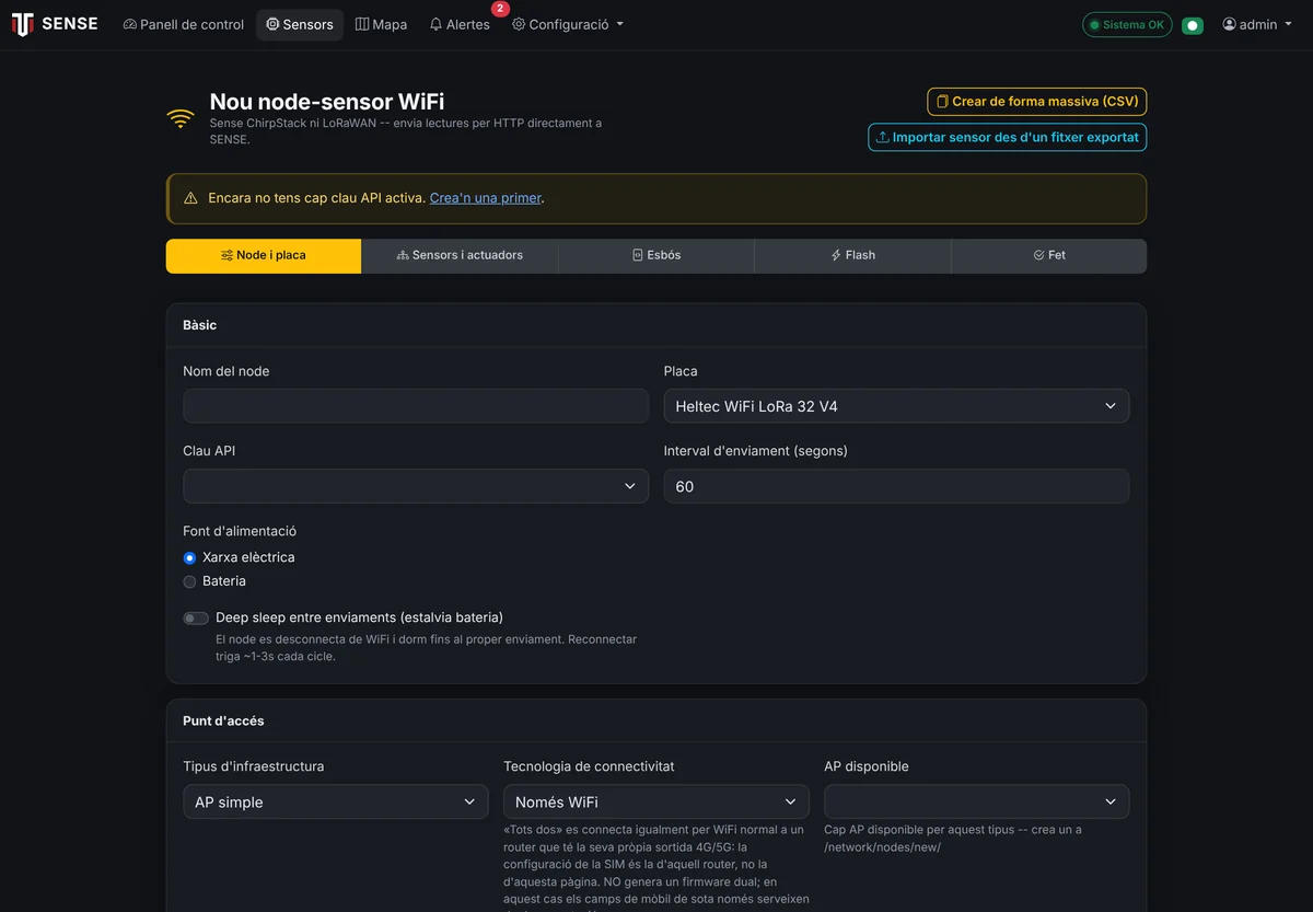Assistent de nodes — Composició del node al navegador: placa, sensors, firmware i esquema de connexions.
