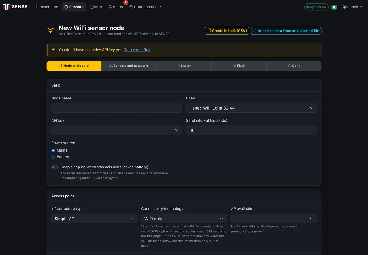 Node wizard — Compose a node in the browser: board, sensors, firmware and wiring diagram.