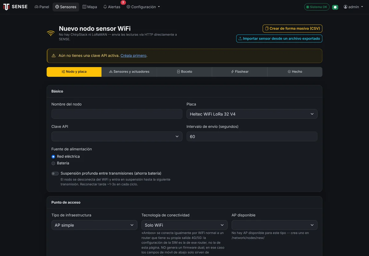 Asistente de nodos — Composición del nodo en el navegador: placa, sensores, firmware y esquema de conexiones.